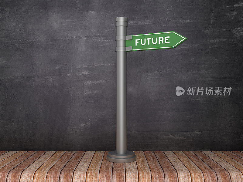未来方向标志在黑板上- 3D渲染